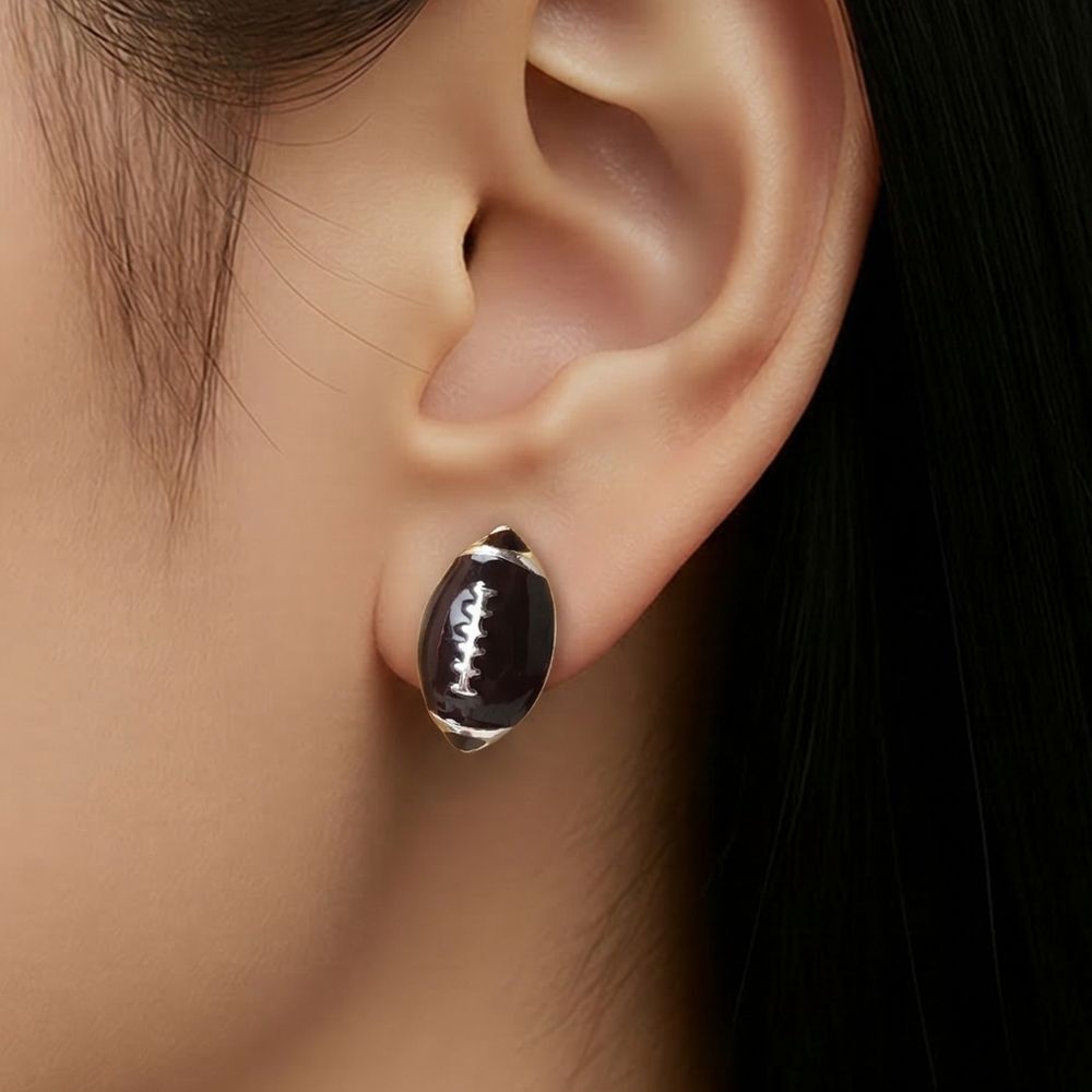 Football Stud Earrings Brown Enamel Silver Sports Studs Team Spirit Fan Jewelry